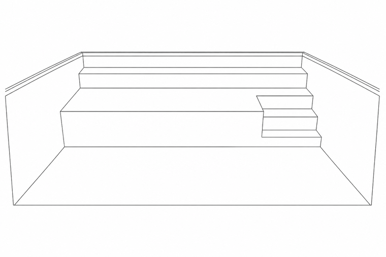 Escalier piscine pleine largeur avec plage en blocs coffrants polystyrène