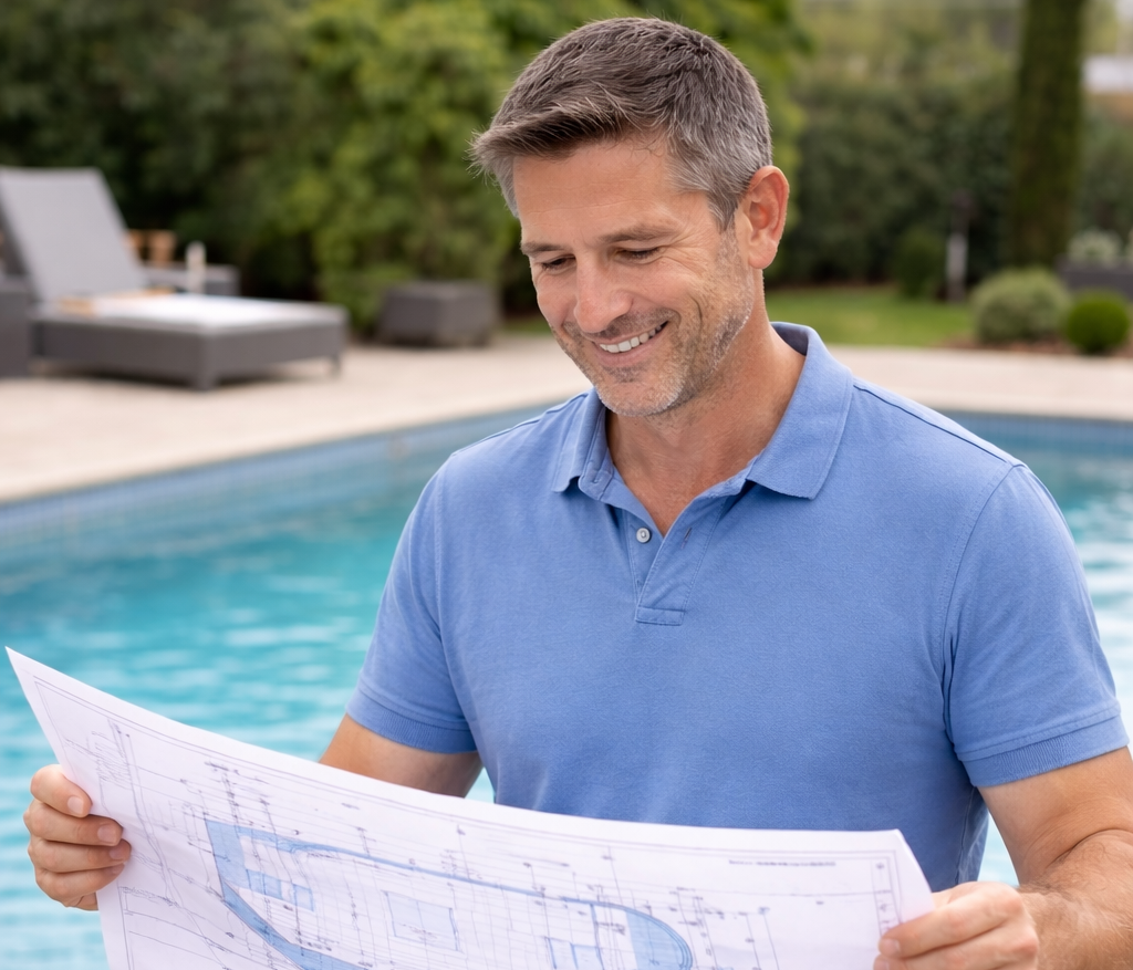 Accueil l Blocs Coffrants en Polystyrène homme examinant le plan de piscine
